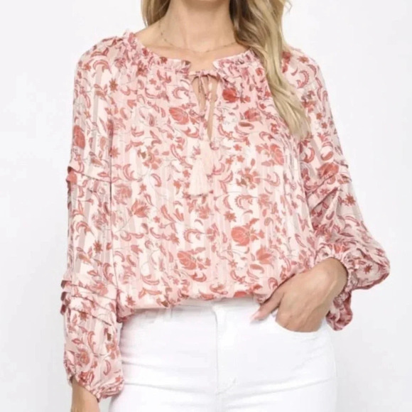 FATE New Ruffle Tie V-Neck Print Semi-Sheer Long Sleeve Bodysuit Size Small - Picture 9 of 10